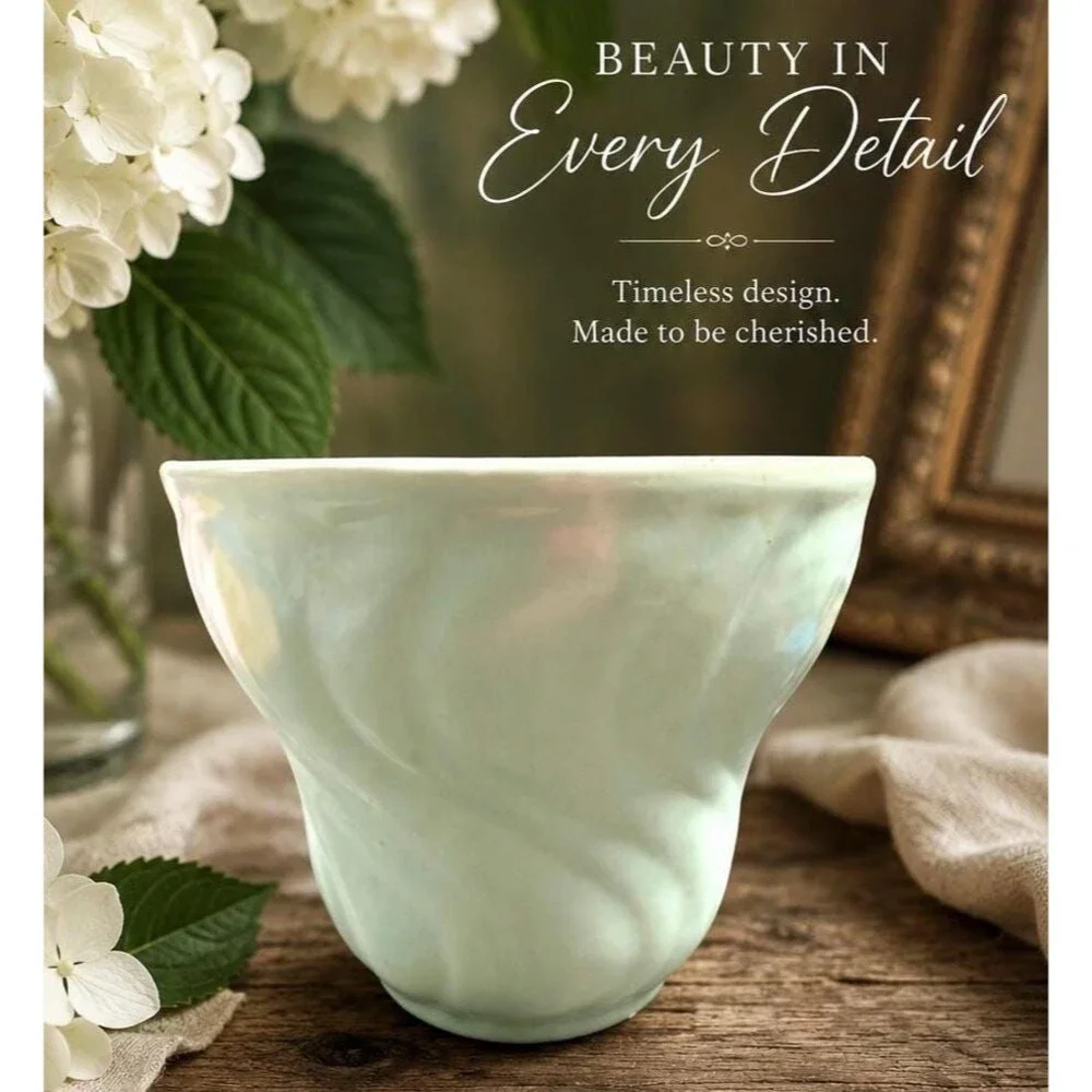 Vintage Art Pottery Vase Planter | Soft Celadon Green Swirl Ceramic Vase